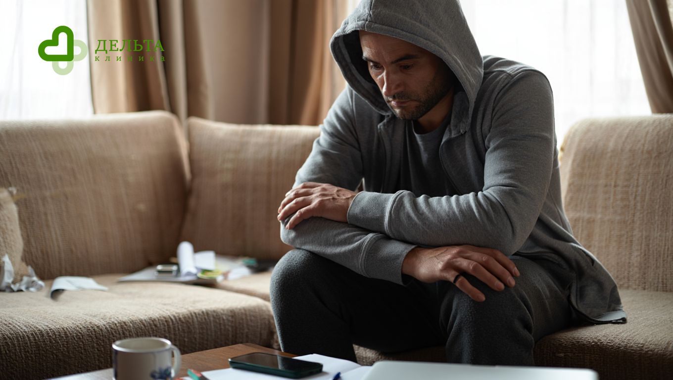 Мужчина сидит и думает об алкоголе